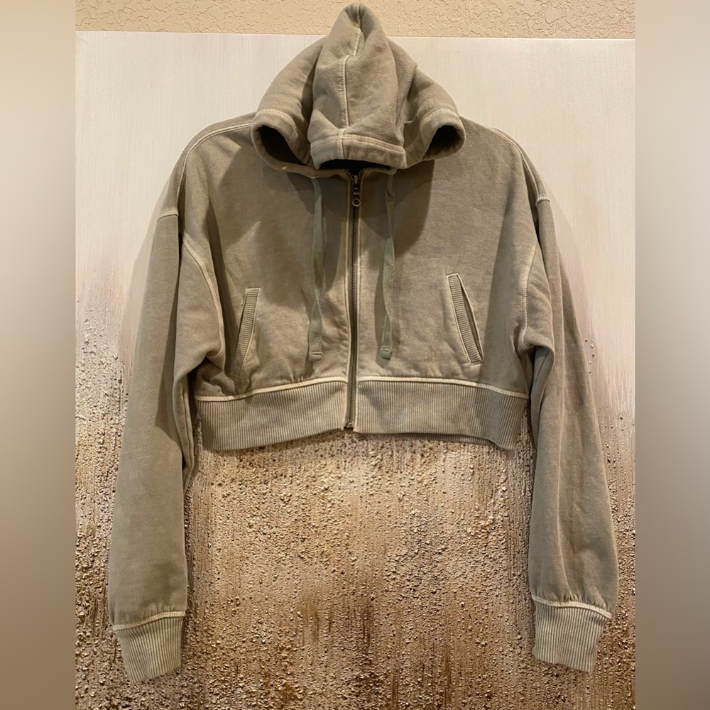 Aeropostale Oversized Cropped Full-Zip Hoodie Jacket (Washed Olive Green) - XS - Picture 3 of 11